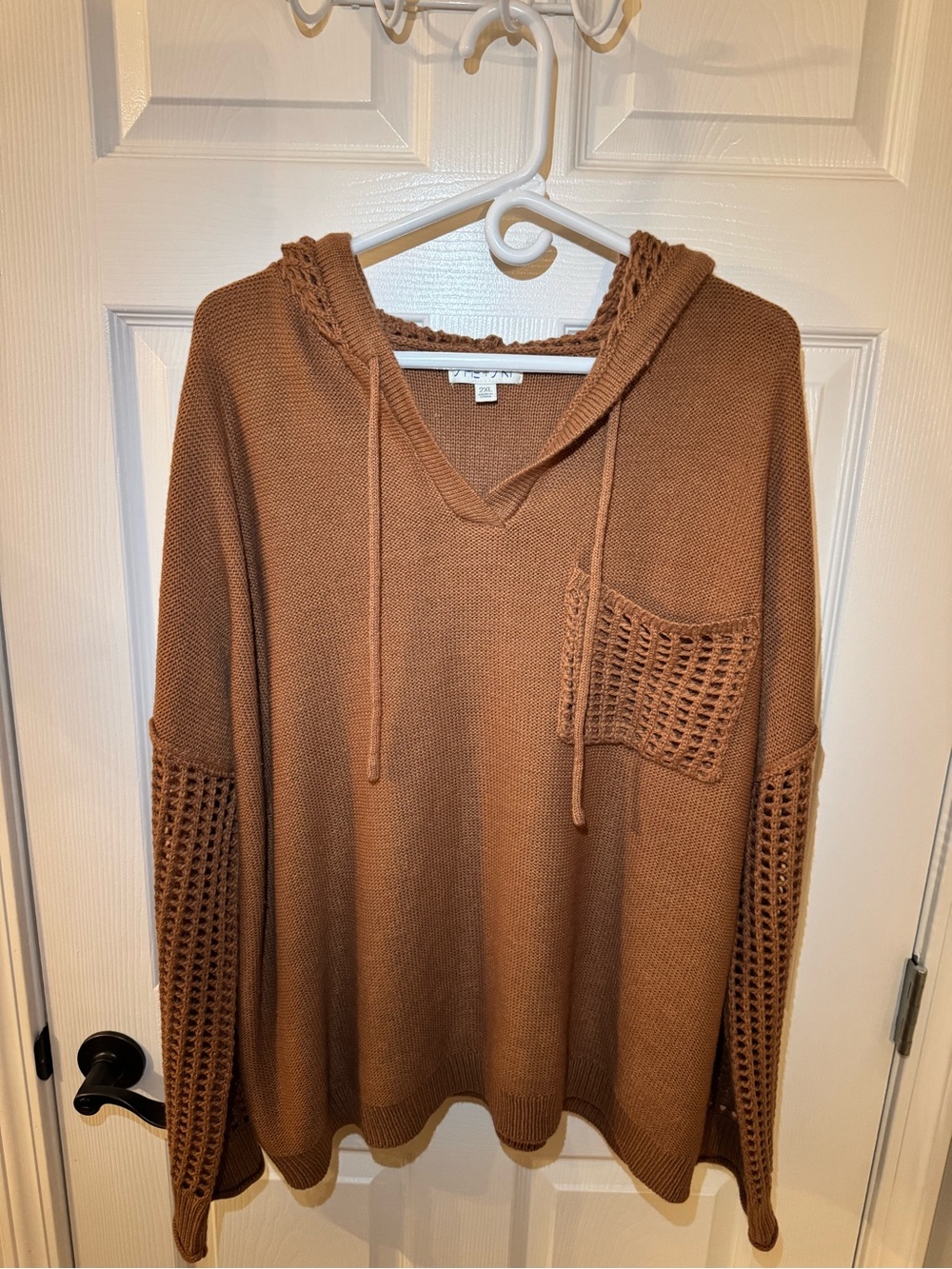 She + Sky Crochet-Detail V-Neck Hooded Sweater in Brown